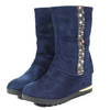 Pattern Beaded Fur Lined Suede Mid Calf Flat Boots For Women