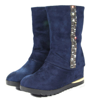 Pattern Beaded Fur Lined Suede Mid Calf Flat Boots For Women