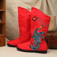 Phenix Vintage National Wind Retro Slip On Flower Flat Mid Calf Boots