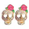 Pink Rose Flower Full Rhinestone Skull Stud Earrings
