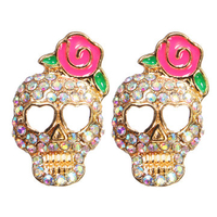 Pink Rose Flower Full Rhinestone Skull Stud Earrings