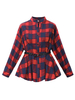 Plaid Check Belt Design Pleated A Line Long Sleeve Women Shirt