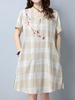 Plaid Embroidery Short Sleeve O Neck Women Dresses