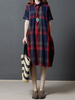 Plaid Short Sleeve Lapel Vintage Women Loose Dresses