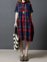 Plaid Short Sleeve Lapel Vintage Women Loose Dresses