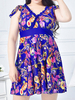 Plus Size Backless Printed Sleeved Bathing Suit Swimdress One Piece Beachwear
