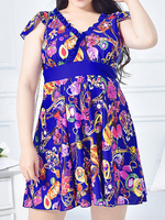 Plus Size Backless Printed Sleeved Bathing Suit Swimdress One Piece Beachwear