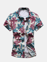 Plus Size Beach Seaside Fashion Flowers Printed Soft Short Sleeve Dress Shirts for Men
