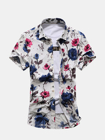 Plus Size Beach Seaside Fashion Flowers Printing Loose Short Sleeve Dress Shirts for Men