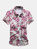 Plus Size Beach Seaside Flowers Printed Slim Short Sleeve Dress Shirts for Men