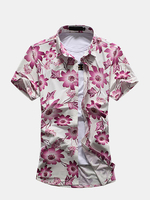 Plus Size Beach Seaside Flowers Printed Slim Short Sleeve Dress Shirts for Men