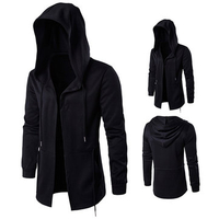 Plus Size Black Fashion Casual Mid Long Cloakman Cloak Hooded Jacket for Men