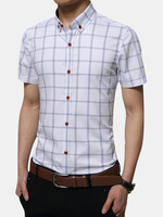 Plus Size Business Casual Plaids Printed Slim Fit Short Sleeve Dress Shirts for Men