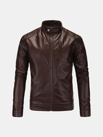 Plus Size Casual Business Motorcycle Washable PU Leather Jacket Stand Collar Coat For Men