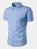 Plus Size Casual Chest Pockets Epaulets Summer Short Sleeve Band Collar Designer Shirts for Men