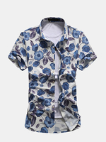 Plus Size Casual Fashion Beach Soft Slim Floral Printing Short Sleeve Dress Shirts for Men
