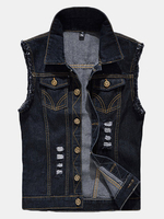 Plus Size Casual Fashion Denim Holes Ripped Washed Stone Pockets Vest for Men