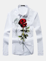 Plus Size Casual Rose Flower Printed Long Sleeve Band Collar Dress Shirts for Men