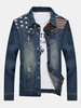 Plus Size Casual Vintage Printing Multi Pockets Hollows Pipped Denim Jackets for Men