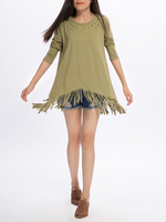 Plus Size Casual Women Tassel Long Sleeve O-Neck T-shirt
