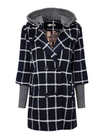 Plus Size Check Double Breasted Knit Patchwork Hood Woolen Coat