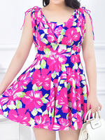 Plus Size Conservative Floral Blooming Pattern Elastic Bathing Suits Swimdresses