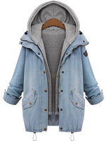 Plus Size Denim Drawstring Twinset Hooded Women Jacket Outerwear
