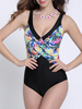 Plus Size Floral Printed Low-cut Elastic Wireless One Piece Swimsuit