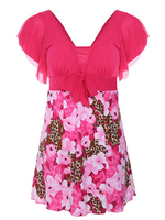 Plus Size Floral Printing Ruffle Short Sleeves Wireless Swimdress For Women