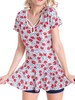 Plus Size Floral Stretchy Wireless Short Sleeve Swimdress Two Pieces Swimwear For Women