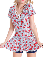 Plus Size Floral Stretchy Wireless Short Sleeve Swimdress Two Pieces Swimwear For Women
