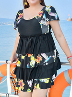 Plus Size Fold Patchwork Monokini Swimdress Bathing Suits Skirt Beach Wear
