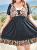 Plus Size Leopard Printed Wireless Short Sleeves Swimdresses For Women