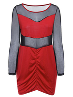 Plus Size Mesh Patchwork Sexy Long Sleeve O-Neck Mini Dress