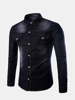Plus Size Personality Double Chest Pockets Washed Long Sleeve Denim Dress Shirts for Men