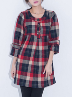 Plus Size Plaid Printed O Neck Button A-line Dress