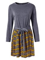 Plus Size Printed Patchwork Knit Stripe Wave Long Sleeve Dress
