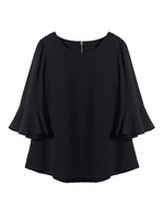 Plus Size Ruffles Sleeve O Neck Black Chiffon Blouse