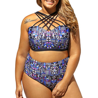 Plus Size Sexy Printed Strings Criss-cross High Waist Bikini Swimwear