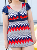 Plus Size Wave Printing Ruffle Short Sleeves V Shape Back Wireless Swimdress For Women