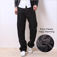 Plus Size Winter Loose Thicken Warm Jeans Mid-Rise Straight Legs Pants For Men