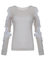 Plus Size Women O Neck Long Sleeve Hollow Lace Splicing T-shirt
