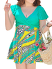 Plus Size Women Sexy Deep V One Piece Swimwear Printed Hollow Back Dress Swimsuit