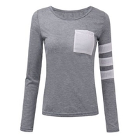 Pocket Contrast Long Sleeve Casual Women Basic T-shirt
