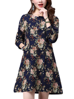 Pocket Floral Printed Long Sleeve Casual Women Flax Dress