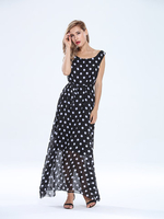 Polka Dots Layered Belt Elegant Sleeveless Chiffon Long Maxi Women Dress