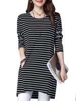 Preppy Style Cross Stripe Patchwork Design Cotton Long Sleeve Women T-Shirts