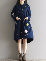 Print Alphabet Long Sleeve Turn Down Collar Dress For Women