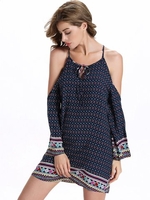 Print Cold Shoulder Bandage Long Sleeve O-neck Min Dress For Women