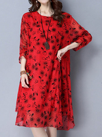 Print Fake Two Pieces Silk Imitation O Neck Women Dresses